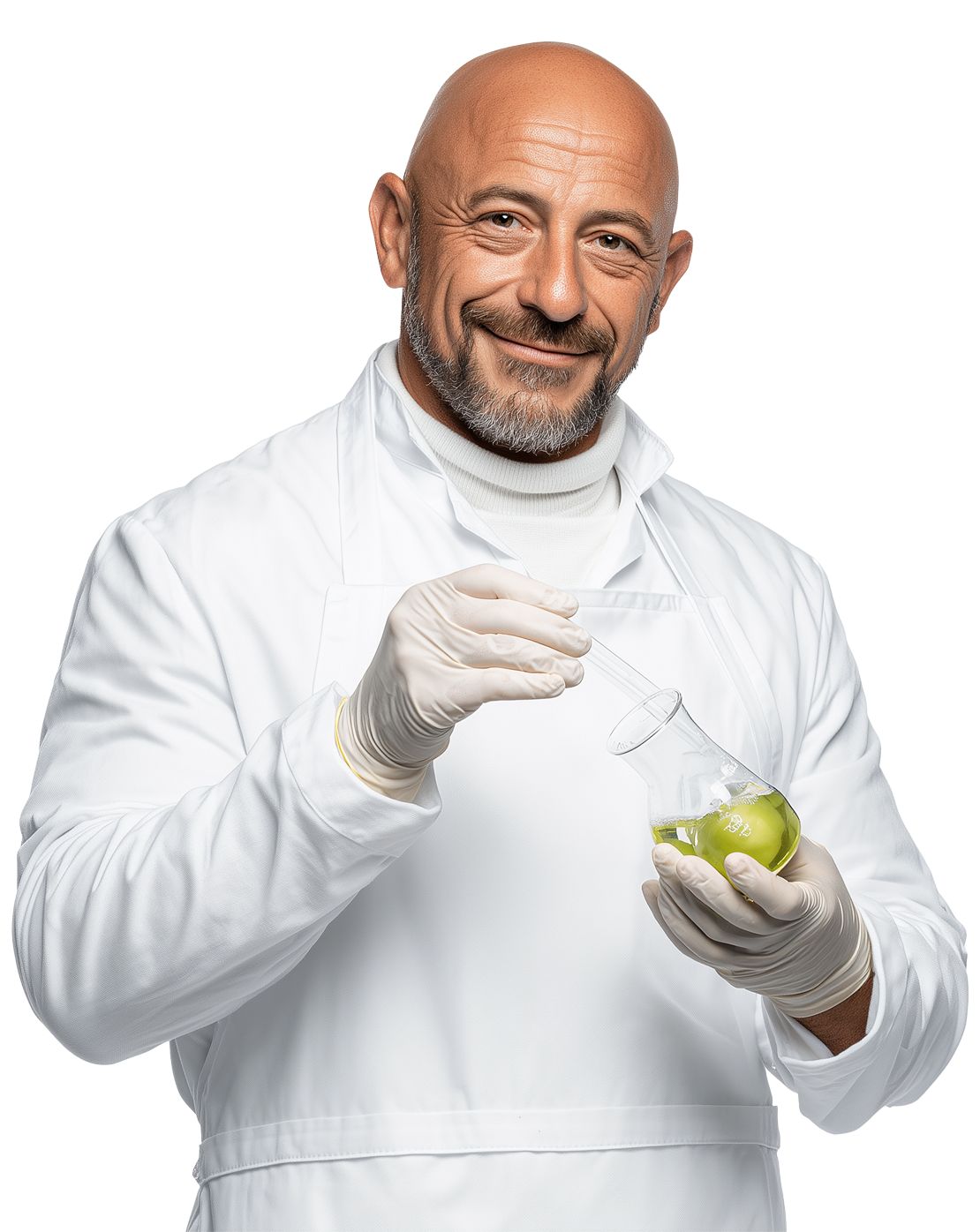 Esperto di sicurezza alimentare calvo con camice e guanti che utilizza una pipetta su un liquido verde in un matraccio, mentre sorride.