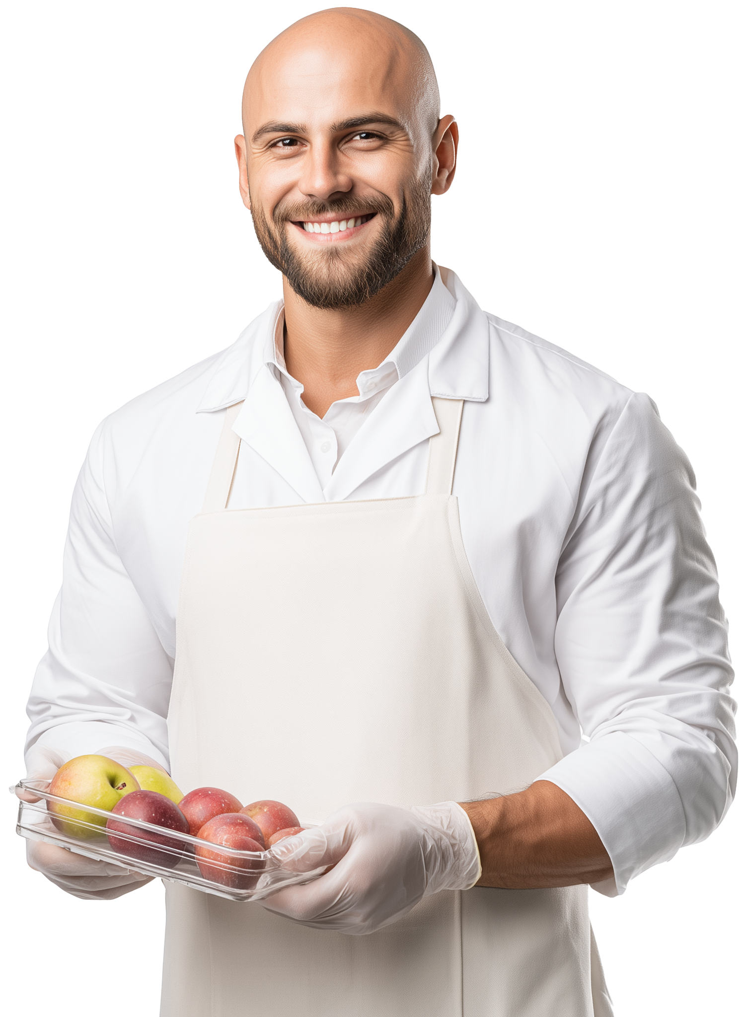 Operatore del settore alimentare con camice e grembiule chiaro che tiene in mano una vaschetta trasparente contenente mele rosse e verdi, sorridendo.