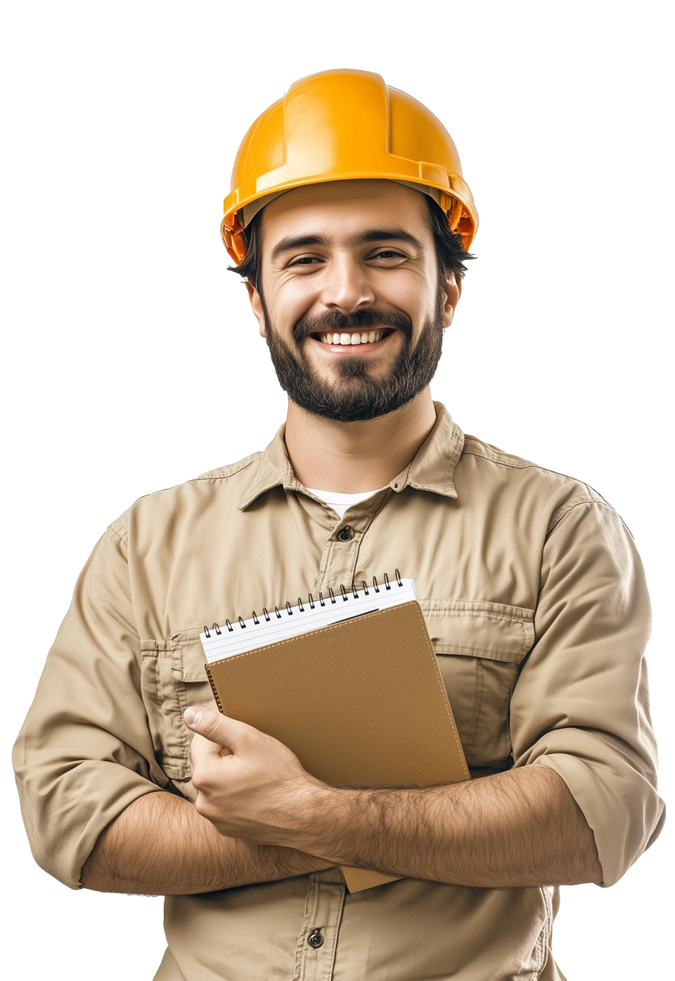 Consulente sicurezza sul lavoro che effettua analisi dei rischi in cantiere con casco protettivo e blocco appunti