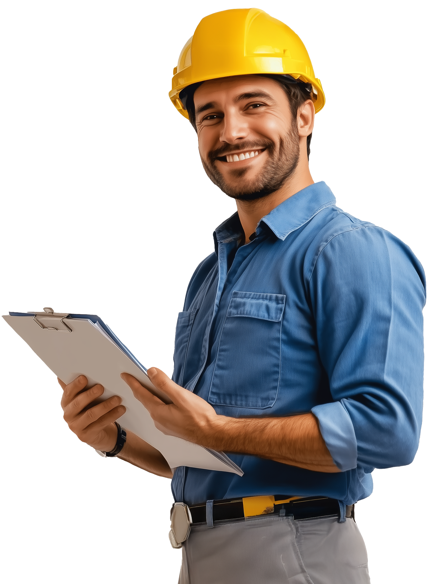 Tecnico della sicurezza sul lavoro con casco protettivo e clipboard, sorridente e competente