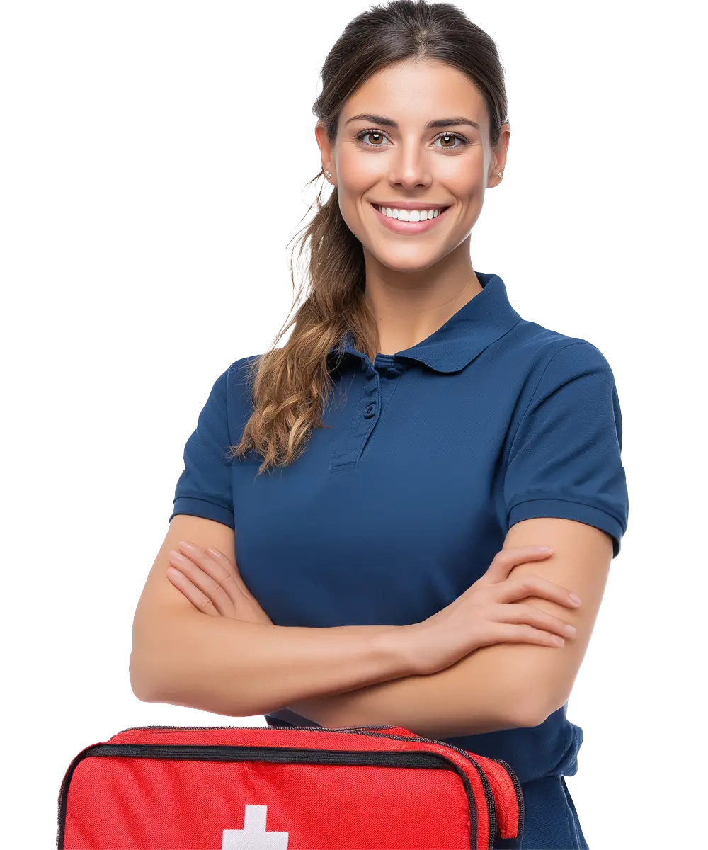 Lavoratrice designata come addetta al primo soccorso, in divisa aziendale blu, con borsa medica rossa e sorriso rassicurante. Formata per gestire emergenze sanitarie sul lavoro.