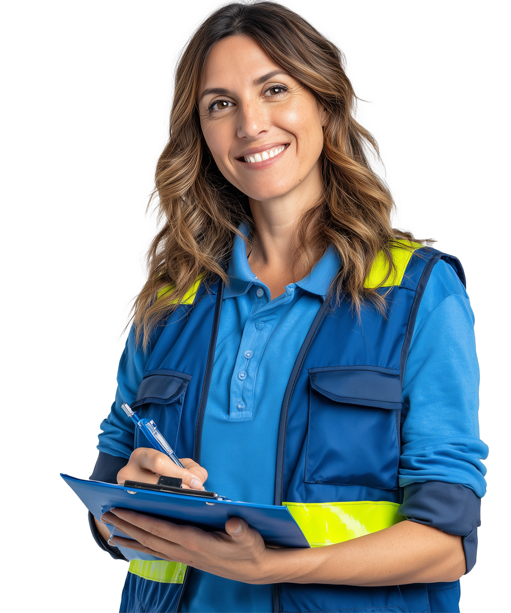 Lavoratore in aula formazione sicurezza, con giubbotto alta visibilità e materiale didattico.