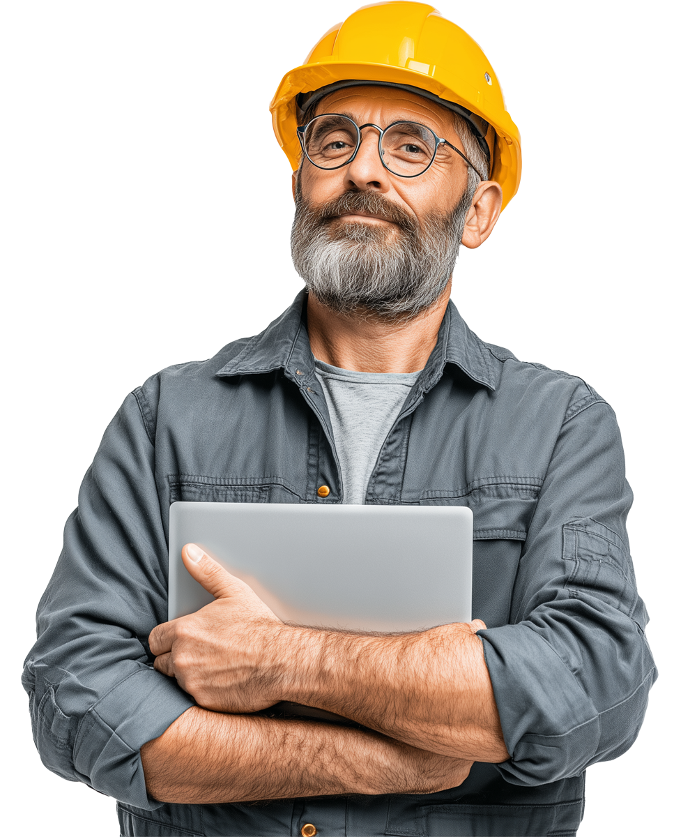 Preposto alla sicurezza in abbigliamento da lavoro e casco giallo, con tablet in mano e sguardo autorevole.