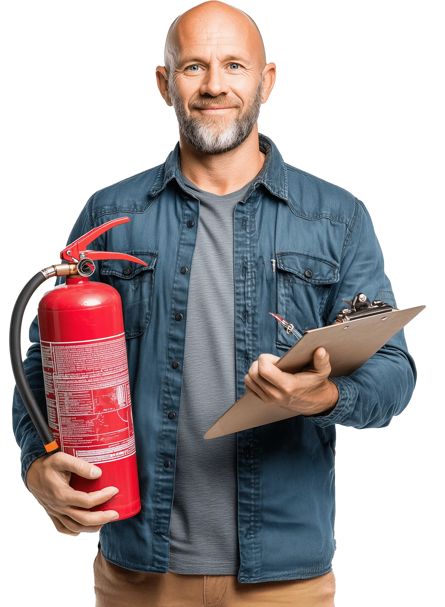 Addetto antincendio in azienda con estintore e clipboard, pronto a intervenire. Uomo esperto con camicia da lavoro e aria sicura.