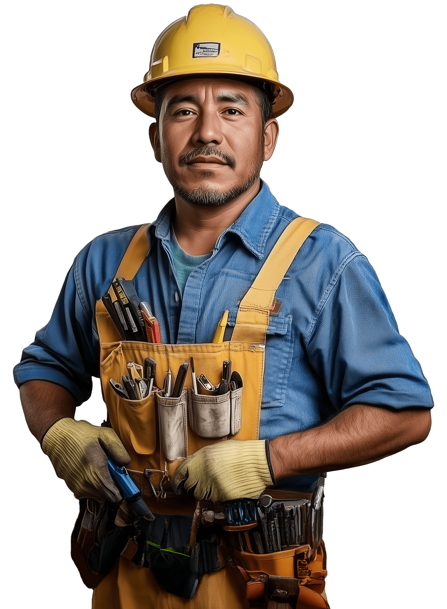 Operaio specializzato con casco giallo, guanti da lavoro e gilet porta attrezzi, pronto per un intervento in cantiere, su sfondo neutro.