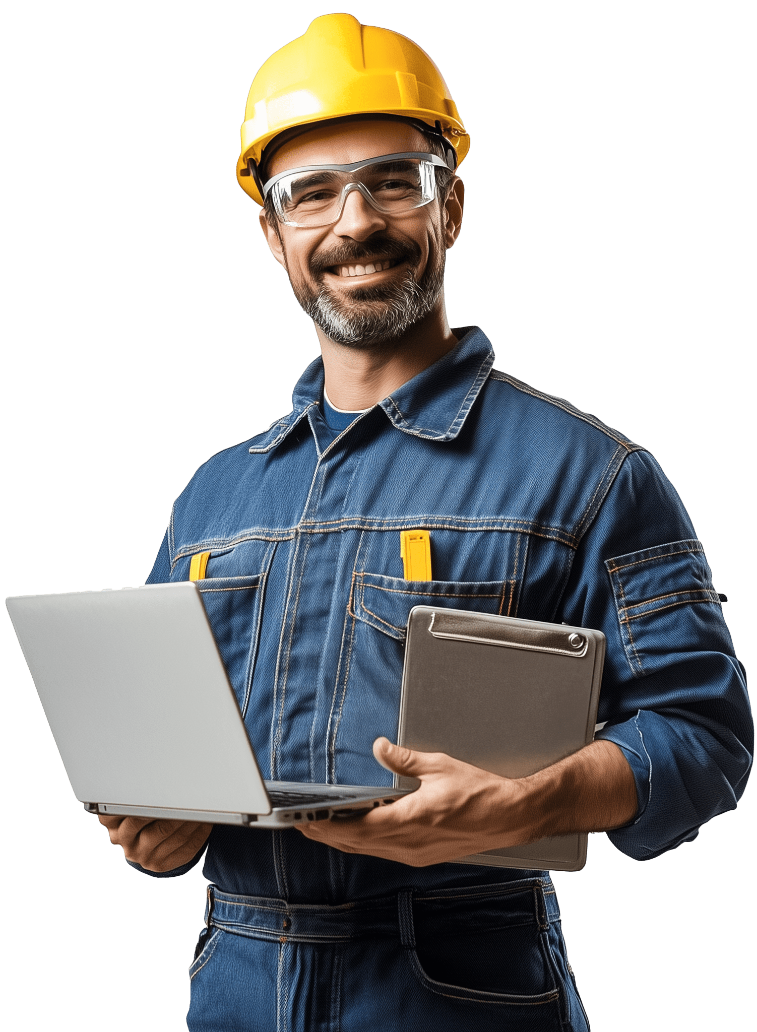 Tecnico della sicurezza sul lavoro con casco protettivo e clipboard, sorridente e competente