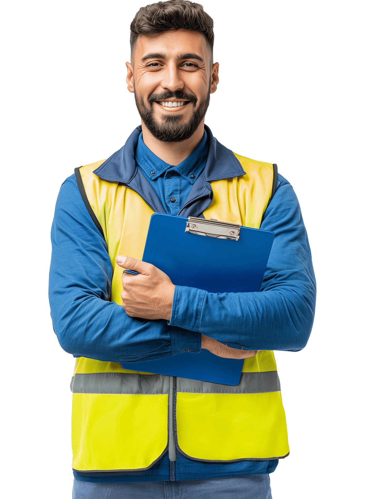 Operatore della sicurezza sul lavoro sorridente con giubbotto alta visibilità e clipboard blu in mano, pronto per una formazione aziendale.