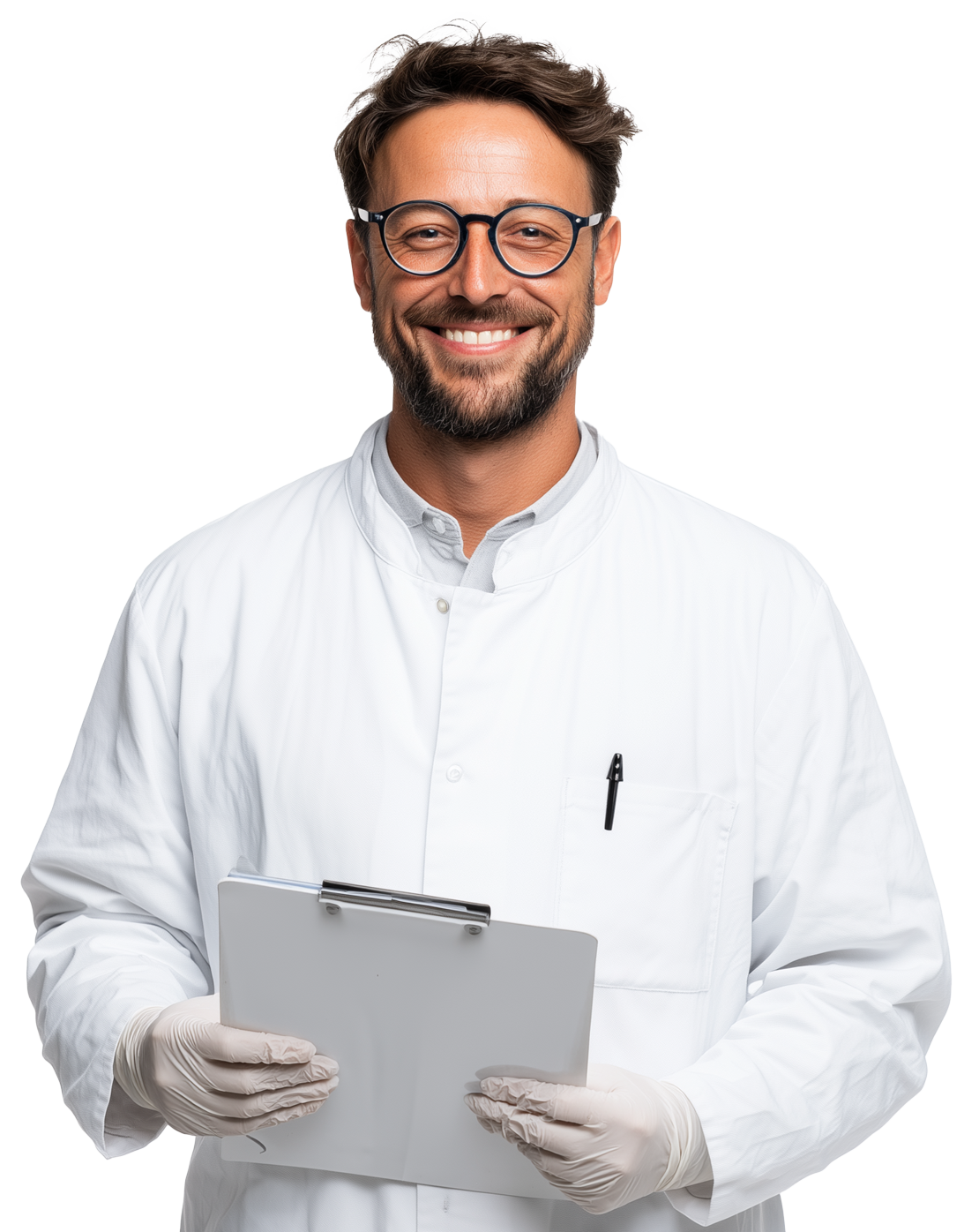 Formatore HACCP con guanti e camice, pronto per il corso sulla sicurezza alimentare.