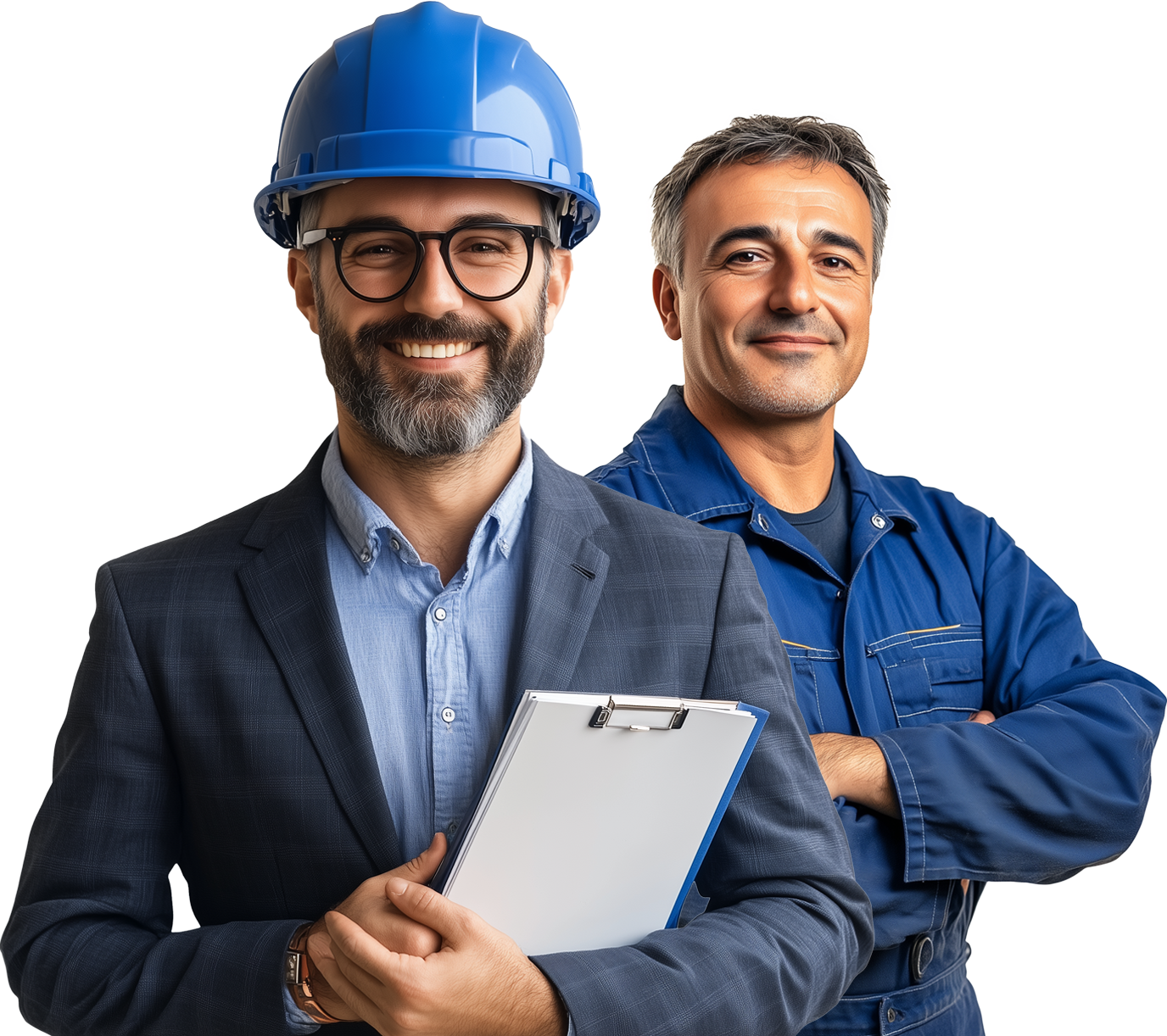 Consulente sicurezza sul lavoro con casco e clipboard accanto a tecnico in tuta blu, servizi Omnia Safety per imprese e cantieri