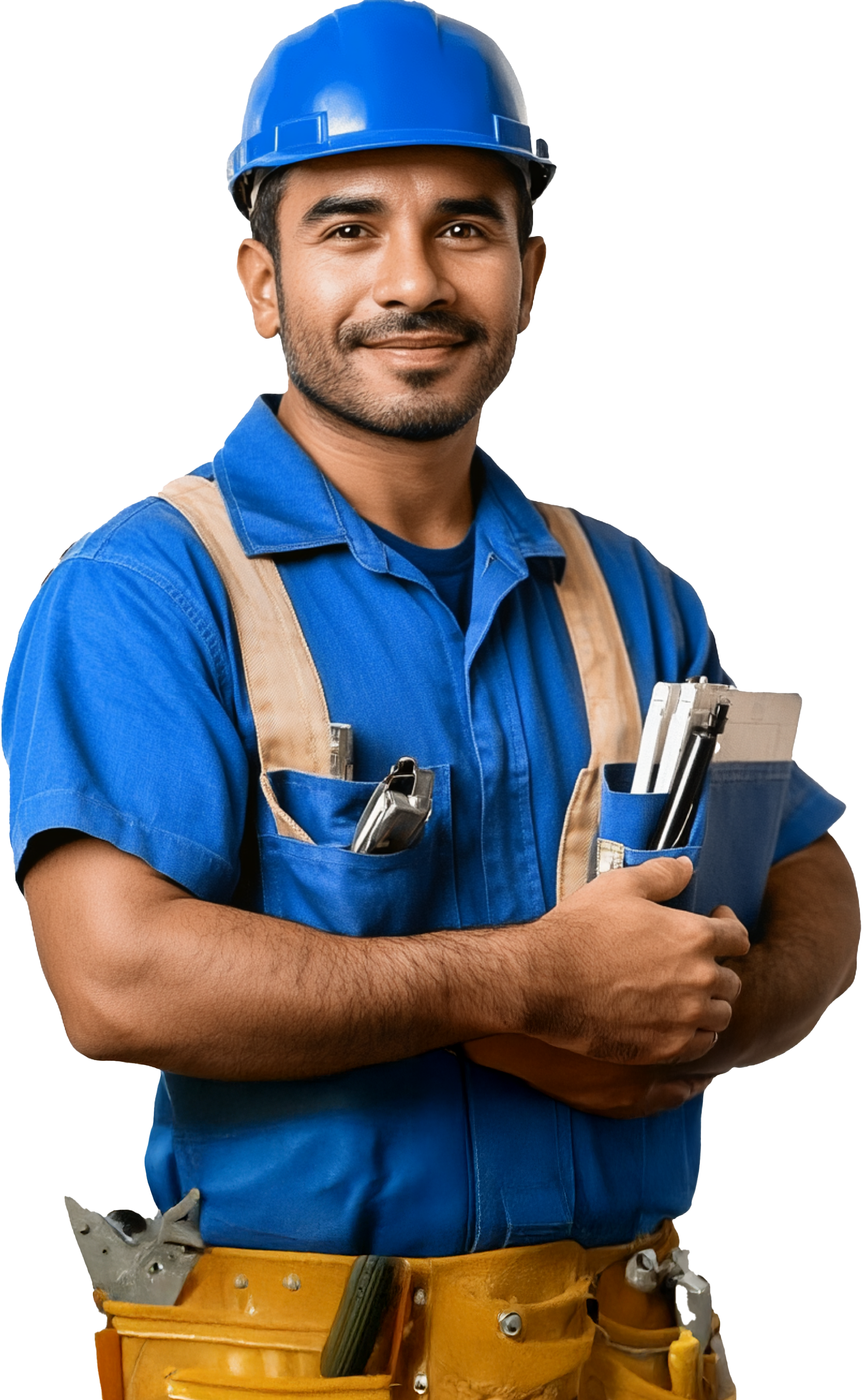 Tecnico della sicurezza con casco blu, cintura portautensili e documenti, pronto per sopralluogo in cantiere