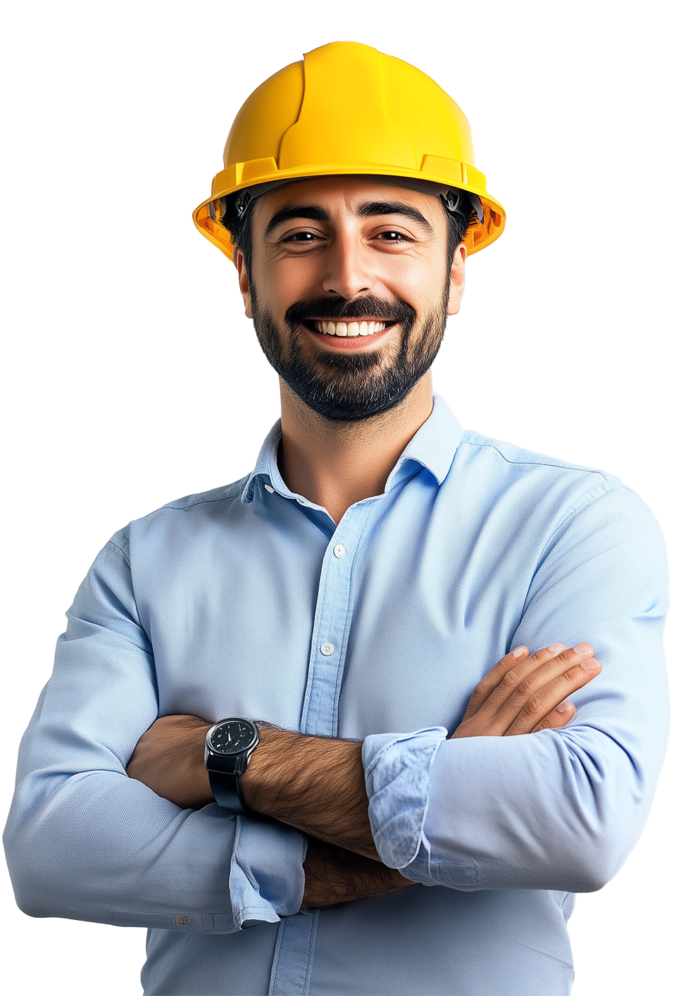 Consulente della sicurezza con casco giallo e camicia azzurra che tiene un taccuino giallo mentre sorride