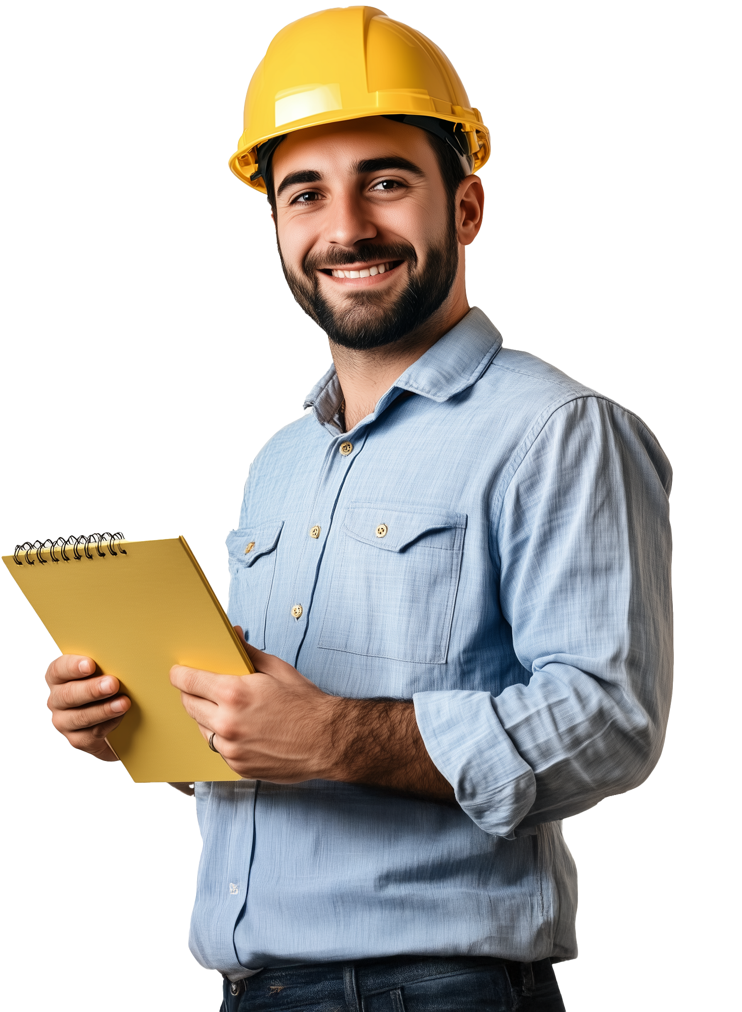 Tecnico della sicurezza sul lavoro con casco giallo e camicia azzurra, in posa con le braccia incrociate e un sorriso fiducioso
